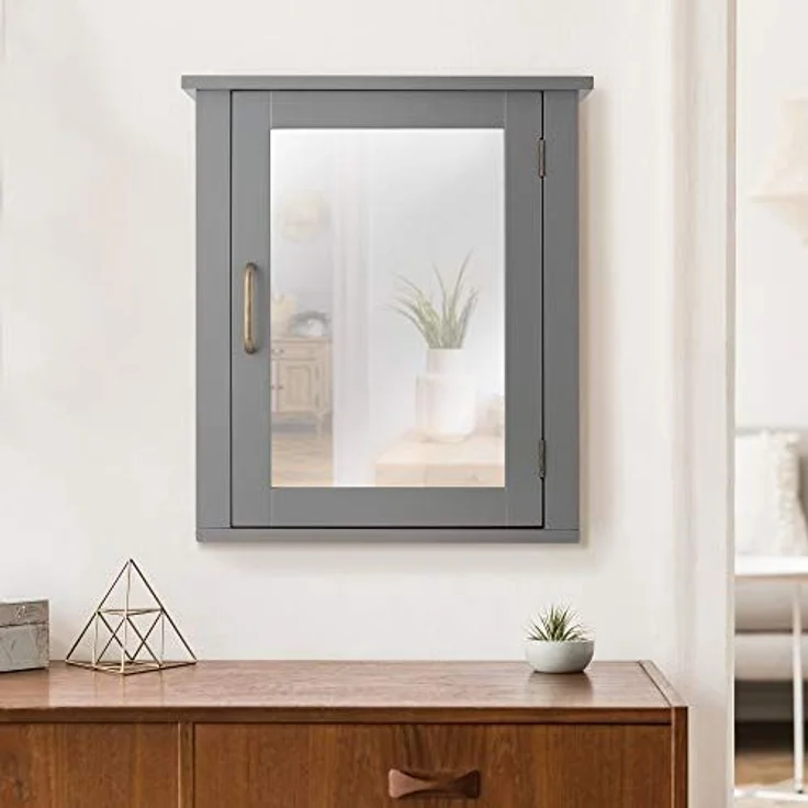 Teamson Home Badezimmermöbel aus Holz an der Wand verspiegelter Medizinschrank mit verstellbarem Regal Grau EHF-F0021 – Bild 2