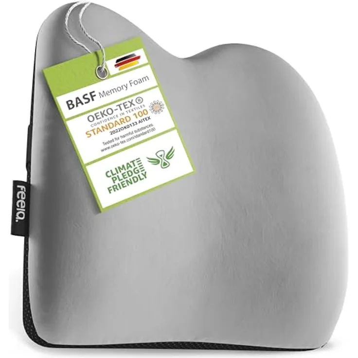 feela.® Ergonomisches Rückenkissen, Gedächtnisschaum-Rückstützkissen mit verstellbarer Passform für Auto- und Bürostühle, Silber