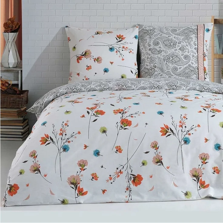 Buymax Bettwäsche Adalia, Aria, Renforcé, 3 teilig, Bettbezug-Set 200x220 cm 100% Baumwolle Reißverschluss Blumen Weiß – Bild 1