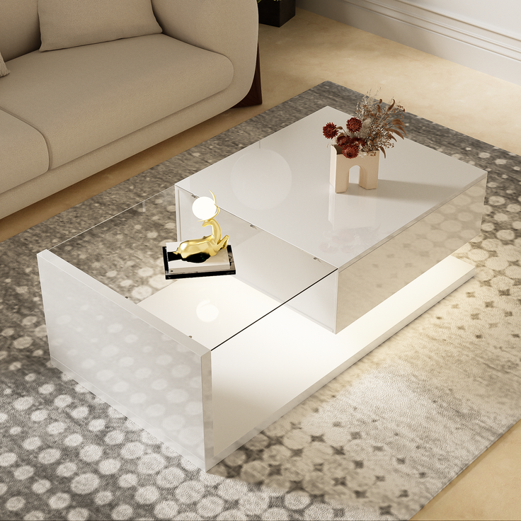 Couchtisch mit LED-Beleuchtung, Wohnzimmertisch 105×55 cm mit Glasplatte und Ablagefach, Weiß Hochglanz – Bild 8