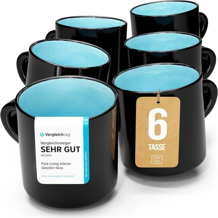 Steingut kleine Tassen 6 Pers. Ibiza Hochwertiges Mediterranes TEST SEHR GUT Tassen Set, Spülmaschinen-, Mikrowellen- und Kratzfest - Stylisches Tee- und Kaffeebecher Set - Pure Living in Aquamarin – Bild 1