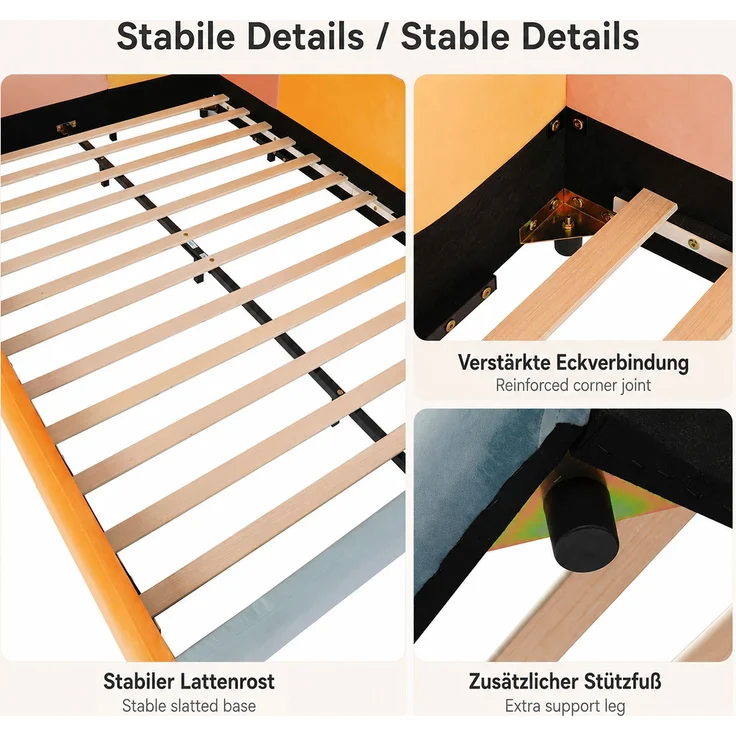 TavilaEcon Polsterbett Weiches Bodenbett mit gepolstertem Kopfteil & Fallschutz Blau+Pink+Orange Liegefläche 140 × 200 cm – Bild 8
