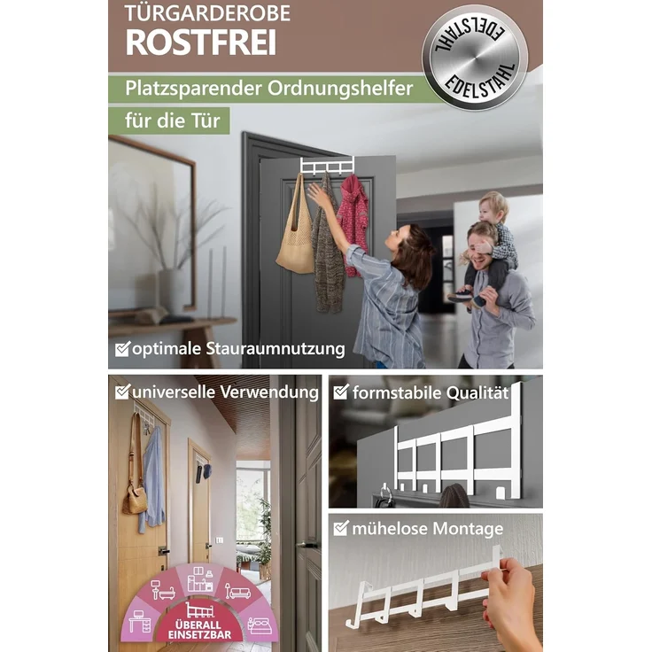 4smile Türgarderobe zum Einhängen – Weisse Türhaken universell verwendbar, flexible Kleiderhaken Tür, robust - Vielseitige Haken zum Einhängen, platzsparende Türhakenleiste für gesamte Wohnung – Bild 2