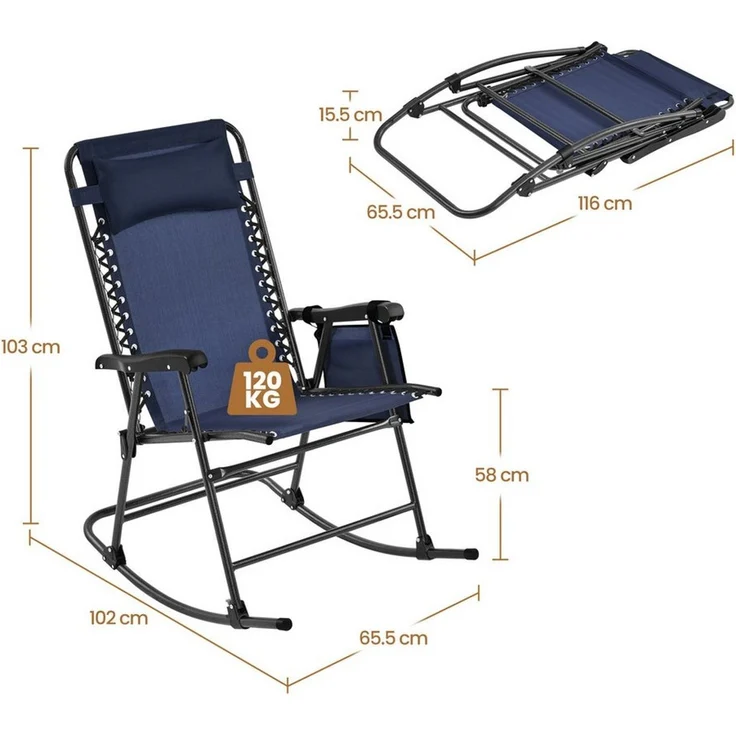 Yaheetech Schaukelstuhl Klappbarer Gartenstuhl mit Abnehmbarem Kopfkissen, Faltbarer Stuhl bis 120 kg Belastbar für Außenbereich – Bild 2