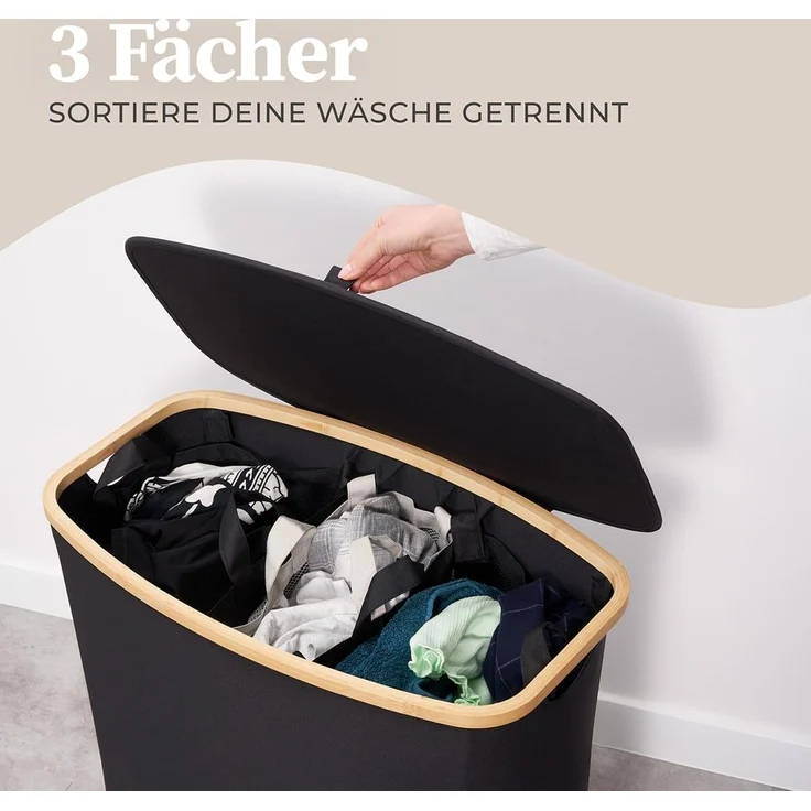 HENNEZ Wäschekorb Wäschebox 150L - Wäschekorb 3 Fächer mit Deckel, Wäschesortierer mit Wäschesack, schwarz Bambus – Bild 4