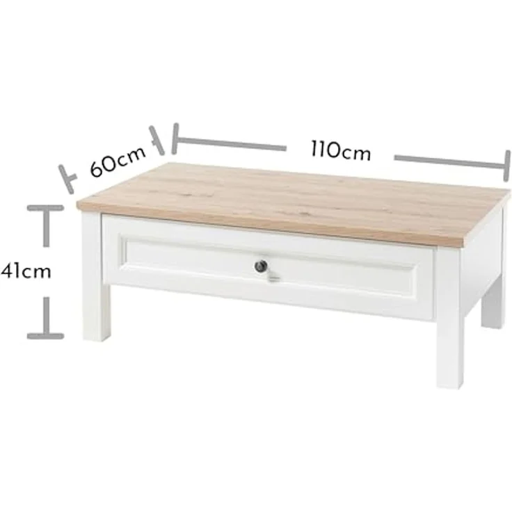 Stella Trading TOSKANA Couchtisch in Artisan Eiche Optik, Weiß - Sofatisch im Landhausstil mit Schublade für Ihr Wohnzimmer - 110 x 41 x 60 cm (B/H/T) – Bild 2