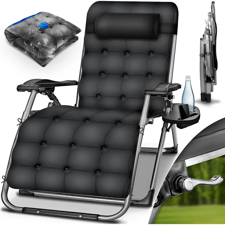 tillvex® Liegestuhl klappbar bis 200 kg, wetterfest in Anthrazit | Verstellbare Sonnenliege mit dickem Polster, Nackenkissen, Getränkehalter & Auflage für Balkon, Garten und Terrasse