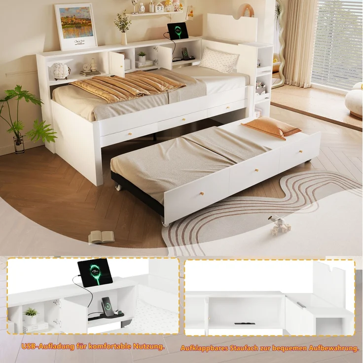 Stauraumbett 90x200 cm mit 3 Schubladen, Ausziehbett und USB-Anschluss – Weiß (ohne Matratze) – Bild 5