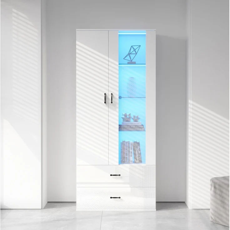 DESVIAE Vitrine mit LED-Beleuchtung und 2 Schubladen, 59,5x182x35 cm, Spanplatte, Weiß – Bild 3