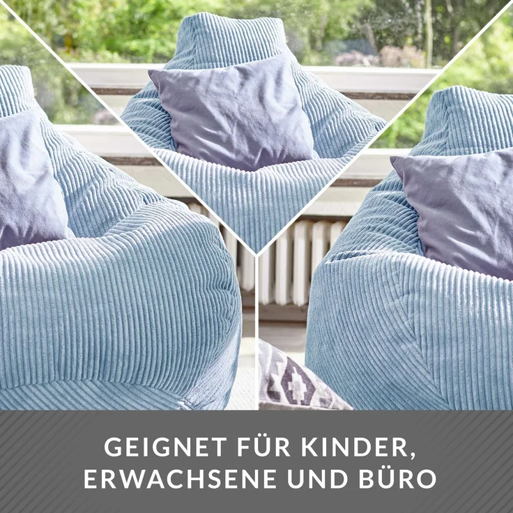 Green Bean® Sitzsack mit Rückenlehne 80x80x90cm - Gaming Chair mit 230L Füllung Cordstoff - Bean Bag Bodenkissen Lounge Sitzhocker Relax-Sessel Gamer Gamingstuhl Hellblau – Bild 3