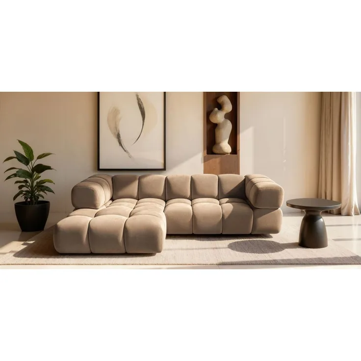 Ecksofa Designersofa BLANCHE in Stoff Bluvel Latte Ottomane Links
