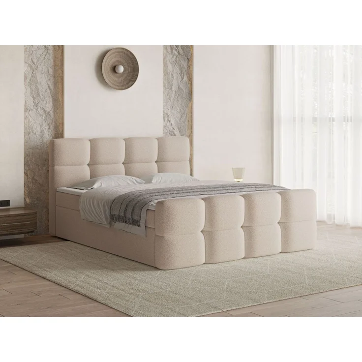 GRAINGOLD Rivon Doppelbett 180x200, Boxspringbett, zwei Bettkästen, mit Kopfteil, Modern Stil, Bouclé-Stoff, Beige – Bild 1