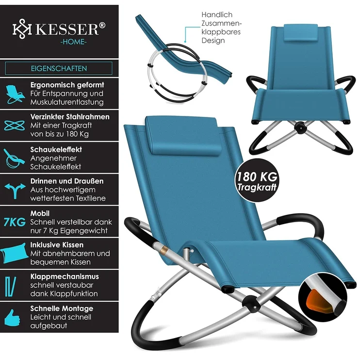 KESSER® Relaxliege Liegestuhl | Gartenliege | Gartenstuhl | Klappstuhl faltbar | Schwungliege | Schaukelsessel | ergonomische Relaxsessel | wetterfest | 180 kg Belastung | 174 x 78 x 89 cm Petrol Blau – Bild 2