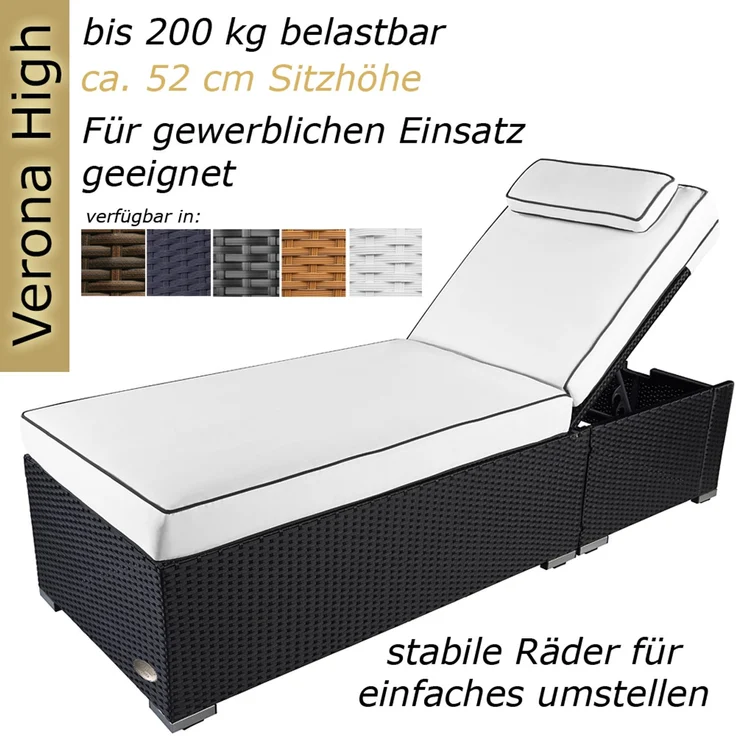 Sonnenliege Verona High mit Rollen und Auflage Creme-Weiss, Farbe Schwarz – Bild 2