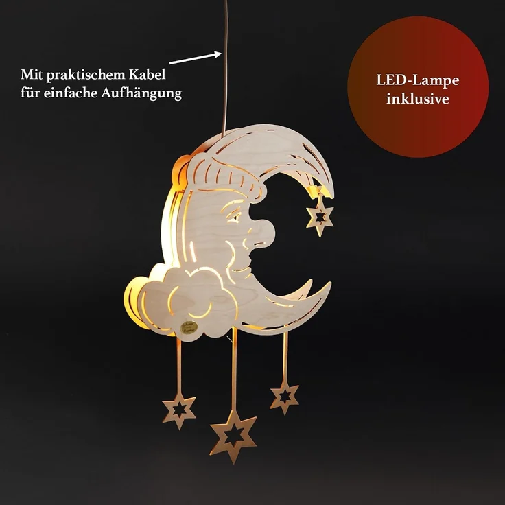 Saico LED-Fensterbild Träumender Mond am Sternenhimmel Holz 44 cm warmweiß natur – Bild 5