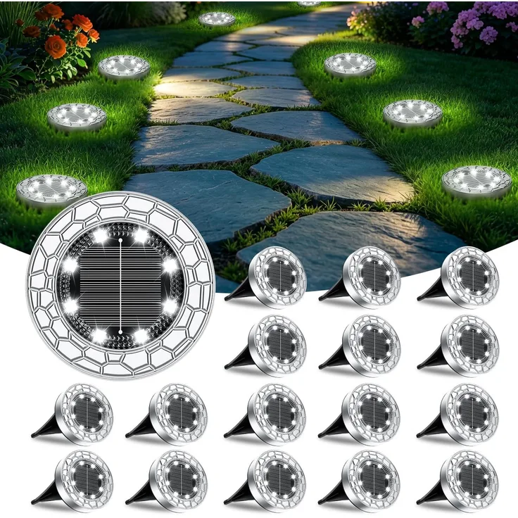 FIFlying Solar Bodenleuchten Aussen Garten 16 Stück 8 LED Solarlampen für außen IP65 Wasserdicht Gartenbeleuchtung Kaltweiß Solarleuchten für Garten Weg Einfahrt Rasen Gehweg Patio Terrasse