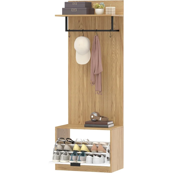 MELAYR, 5-in-1-Eingangsbereichmöbel: Garderobenständer, klappbare Schuhbank, Ablage und 4 Haken, 60 x 30 x 170 cm, Eiche – Bild 2
