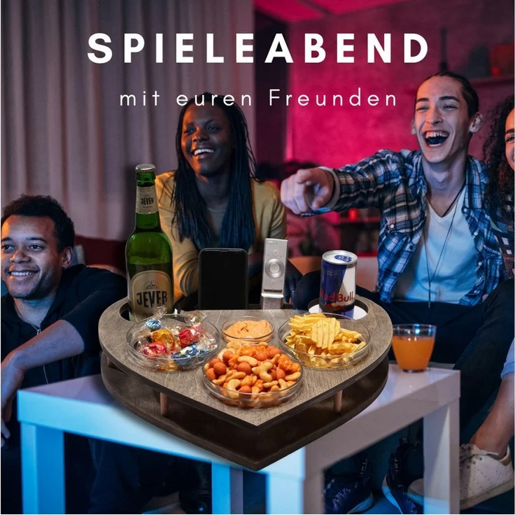 PEGSEN Servierplatte Couchbar Snackbox Herz mit 4 Snackschalen Sofa Tablett, Birkenholz, (lebensmittelechte Glasschalen), passend für Kaffeetassen, Weingläser & 0,5l Flaschen – Bild 2