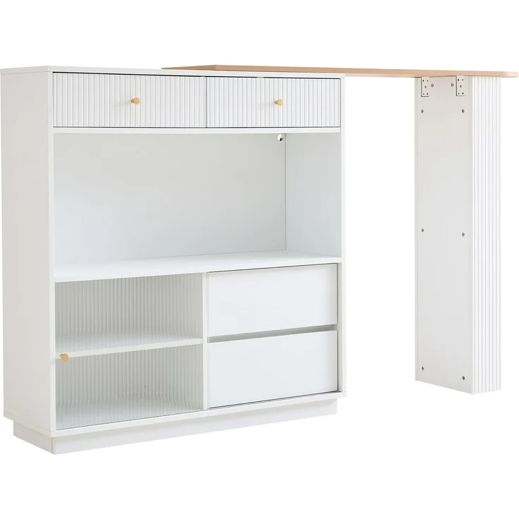 Ausziehbarer Bartisch mit Stauraum und LED-Beleuchtung, 360° drehbar, 183×30×100 cm, Weiß – Bild 7