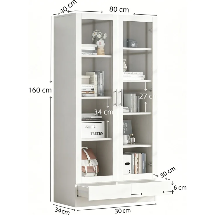 Vitrinenschrank 80 x 40 x 160 cm mit Glastüren, Schublade und versetzten Fächern – Weiß – Bild 4