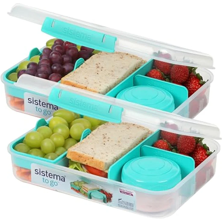 Sistema Bento Box Create Brotdose mit Fächern | 1,48 L Lunchbox mit Joghurt- /Fruchtbehälter | Lunchbox Kinder & Erwachsene | Blaugrün | 2 Stück – Bild 1