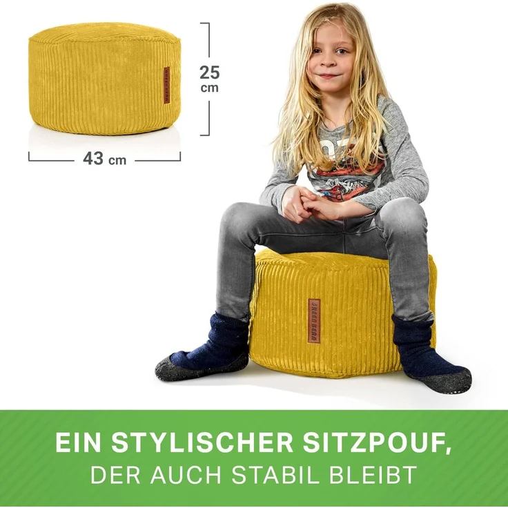 Green Bean Indoor Cord Sitzhocker Pouf Stay 45x25 cm mit EPS-Perlen Füllung - kuschelig weich waschbar - die ideale Ergänzung zum Sitzsack für Kinder & Erwachsene - Gelb – Bild 2