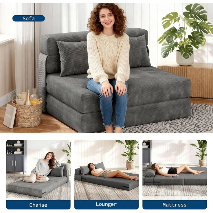 GarveeMore Schlafsofa mit Kissen,ausklappbares Zweisitzer-Sofa,umwandelbarer Schlafplatz, Lounge mit getuftetem für Wohnzimmer,Schlafzimmer,Gästezimmer – Bild 4