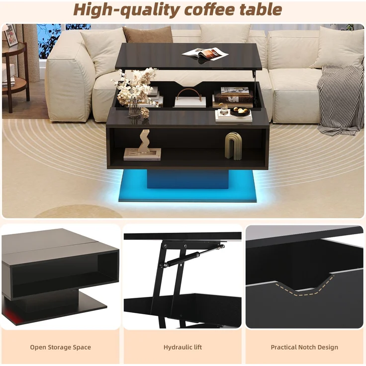 Abrihome Couchtisch mit hydraulischem Sofatisch und Stauraum, Schwarz, 40x77x88 cm – Bild 5