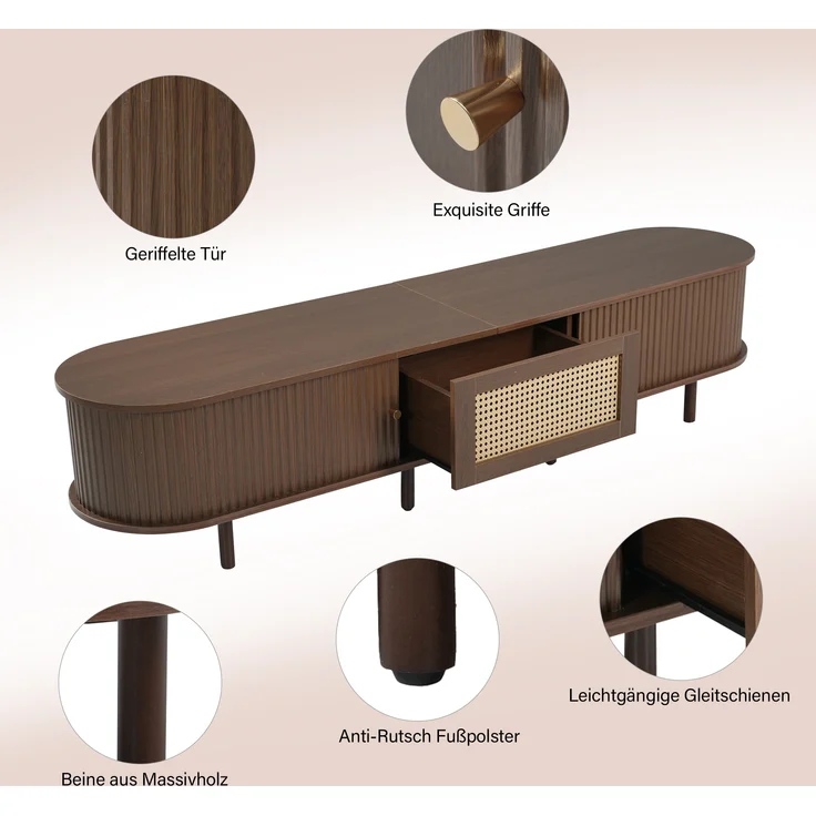 TV-Schrank MDF Rattan-Design mit Schublade & Schiebetüren 180x40x40 cm Nussbaum dunkel – Bild 6