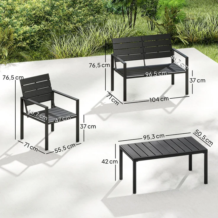 Wohnora-Gartenmöbel Set Sitzgruppe für 4 Personen Gartenlounge mit 2er Sofa 2 Sessel Beistelltisch Lamellendesign Schwarz,H 765cm x T 104cm x B 71cm – Bild 4