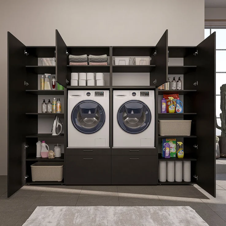 Roomart Waschmaschinenschrank SERIE-III Schrankwand 254 cm – 2 Geräte, Soft-Close | • Schwarz-Eiche – Bild 9