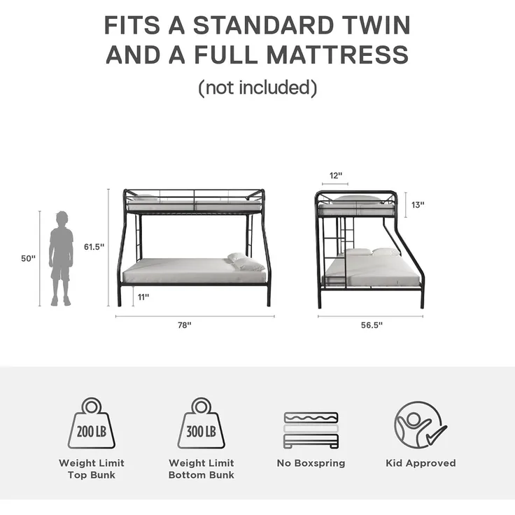 DHP Furniture Twin-Over-Ganzmetall-Etagenbett Dorel Mehrere Farben, platzsparendes Design, langlebige Stahlrahmenkonstruktion