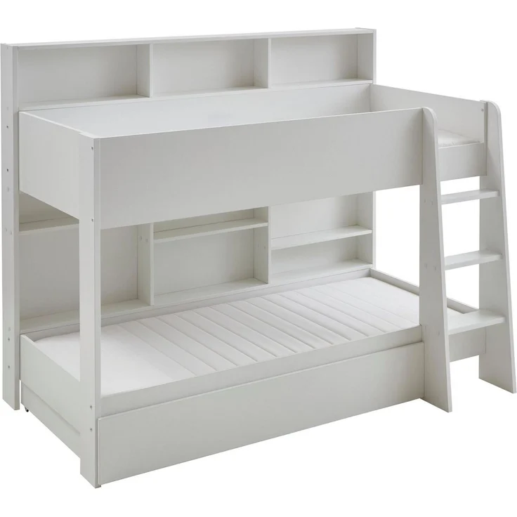 Relita Etagenbett Sely, viel Funktion auf kleinem Raum, 2 Liegeflächen, modernes Design (viele Regalfächer an der Bettrückseite, inkl. Schublade auf Rollen), viel Stauraum, pflegeleichte Melamin Oberfläche, 3 Farben zur Wahl – Bild 1