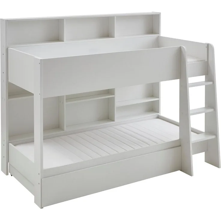 Relita Etagenbett Sely, viel Funktion auf kleinem Raum, 2 Liegeflächen, modernes Design (viele Regalfächer an der Bettrückseite, inkl. Schublade auf Rollen), viel Stauraum, pflegeleichte Melamin Oberfläche, 3 Farben zur Wahl