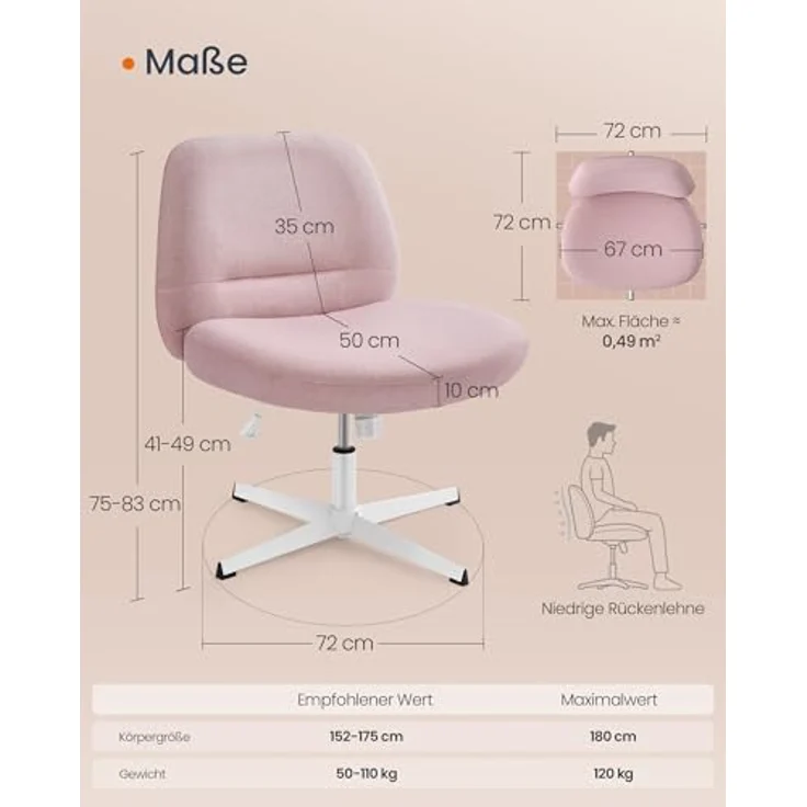 Songmics HOME Bürostuhl, Schreibtischstuhl, Drehstuhl, breite Sitzfläche zum Sitzen im Schneidersitz, modern, mit Kreuzfuß/Fußkreuz, höhenverstellbar, Wippfunktion, für Büro, Homeoffice, pastellrosa OBGDE046R01 – Bild 3