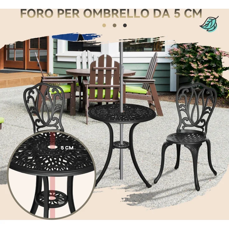 3-teiliges Gartenset mit 2 Gartenstühlen und einem Glas-Beistelltisch mit Sonnenschirmloch, aus Aluminium, schwarz – Bild 7