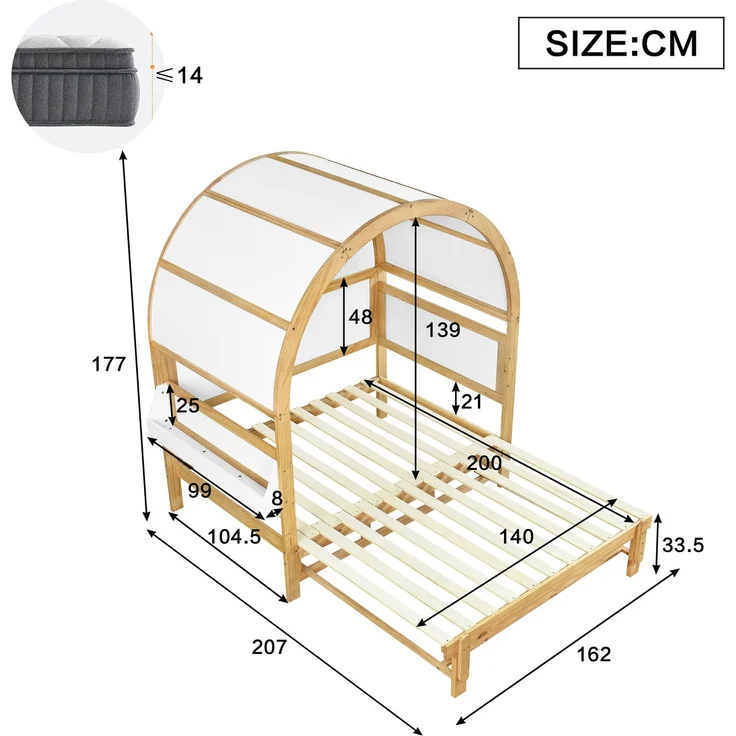 Gewölbedachbett erweiterbar mit Ausziehbett Funktion, Holzhaus Design aus Kiefer MDF, weiß-natur – Bild 4