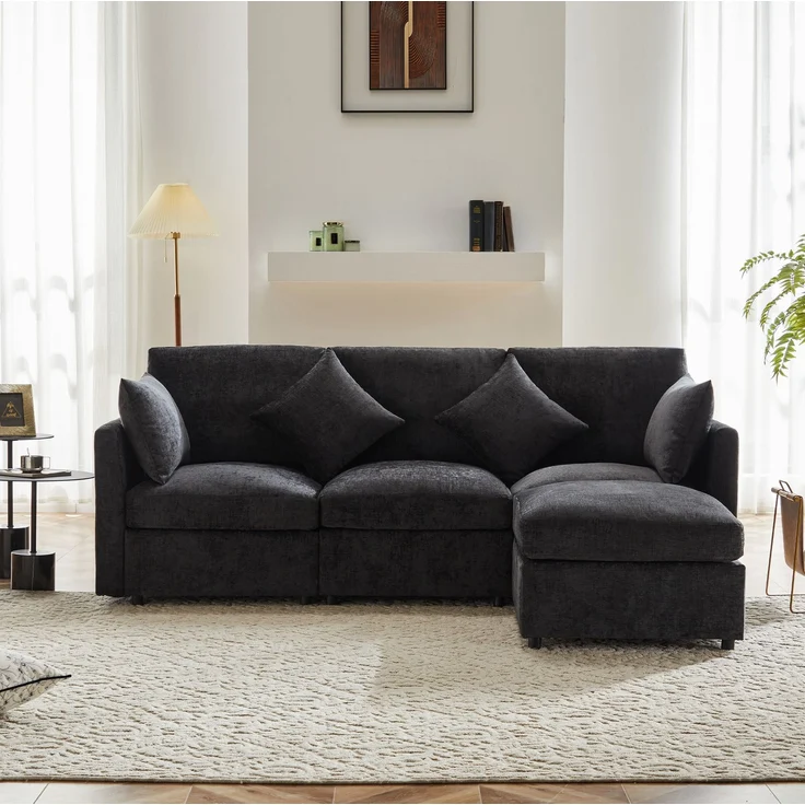 DESVIAE Sofa modular mit beweglichem Hocker 216x81x161 cm Chenille Grau – Bild 3