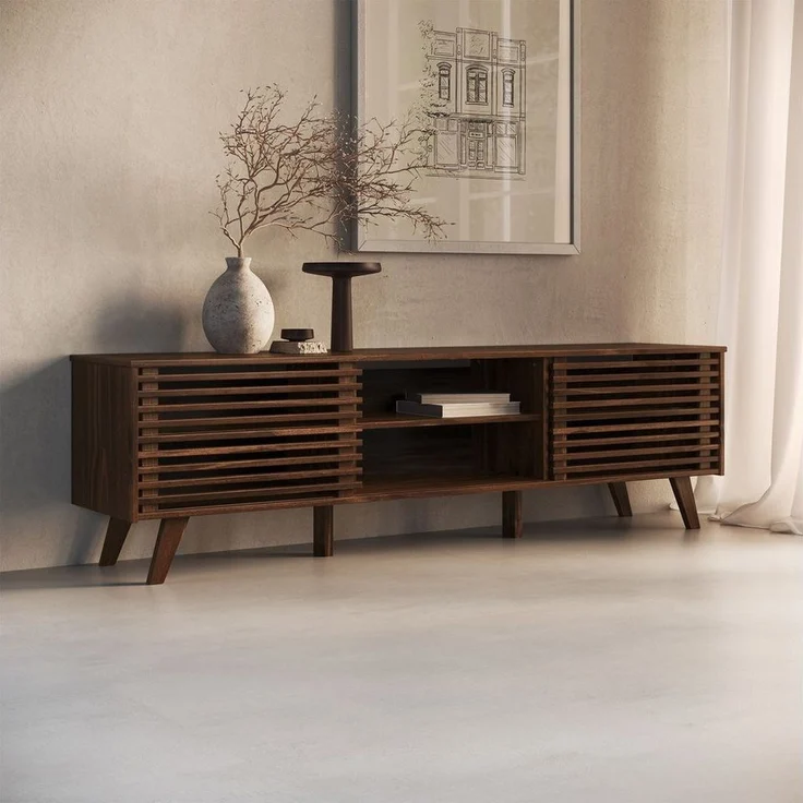 IDIMEX Lowboard RIAN, Modernes TV Möbel mit Schiebetüren Massivholz Nussbaum Finish – Bild 1