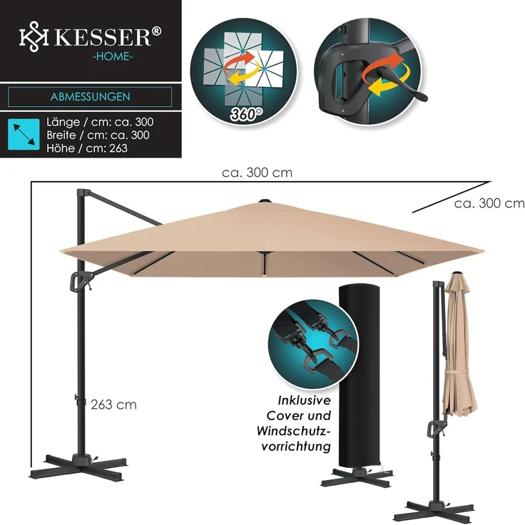 KESSER® Sonnenschirm Ampelschirm Sun XL 300x300 cm Inkl. Abdeckung +Windsicherung Drehbar Neigbar Kippbar Marktschirm Groß 360° Rotation, Gartenschirm mit Kurbel Sonnenschutz UV50+, Taupe – Bild 7