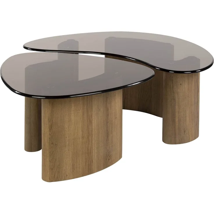 Otin Couchtisch-Set mit Rauchglasplatten und Gestell in Eichenoptik, Organisch