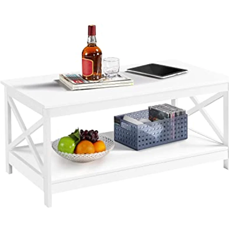 Yaheetech Kaffeetisch mit X-förmige Rahmen Sofatisch mit Viel Stauraum Couchtisch mit Ablagefläche Beistelltisch 100 cm L × 50 cm B × 45 cm H Weiß – Bild 5