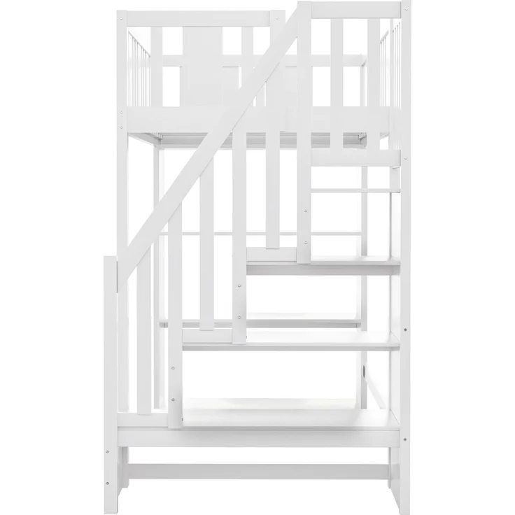 Kinderhochbett 90x200 cm aus Kiefernholz mit Sicherheitsleiter, Stauraum, 3 Fächern, Weiß, Multifunktionsbett – Bild 7