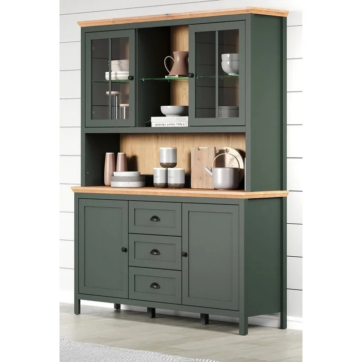 Furn. Design Buffet Stanton (Buffetschrank in Landhaus grün mit Eiche, 146 x 198 cm) inklusive Beleuchtung