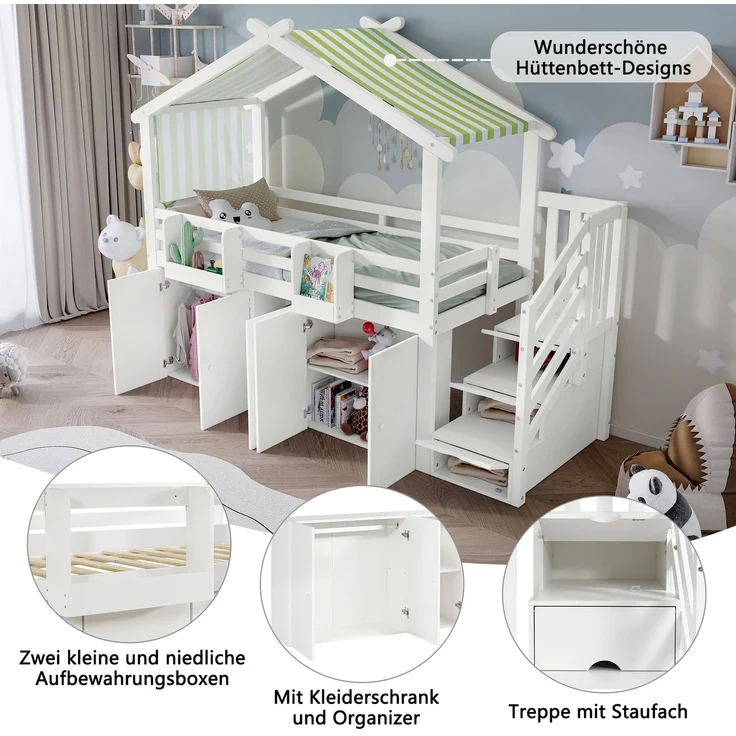 Merax Etagenbett, Kinderbett 90x200cm, mit Fallschutzgitter, 1 Kleiderschrank und 2 Schließfächer, mit 3 Schließfächer in der Treppe, gestreifter Stoff, Kiefer+MDF+Sperrholz, Weiß+Grün – Bild 5