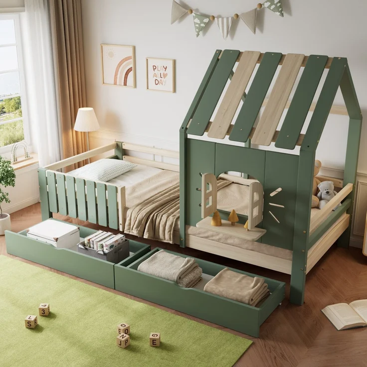 Hausbett mit Rausfallschutz, Lattenrost und Schubladen, 90x200 cm, Kinderbett, Kiefer, Einzelbett – Bild 3