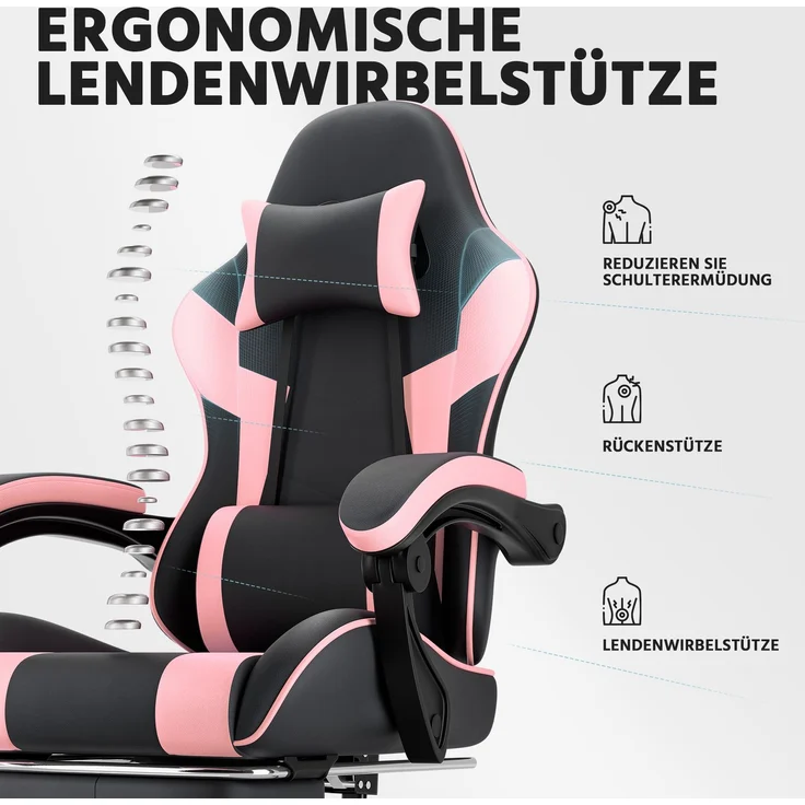 Gaming-Stuhl, PVC-Leder, ergonomisch, mit verstellbarer Rückenlehne & Fußstütze, 58,5x63x120,5 cm, Schwarz+Rosa – Bild 5