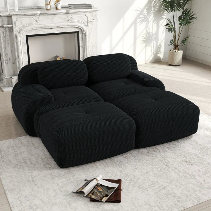 2-Sitzer-Sofa aus Cordstoff,modular kombinierbar mit Chaiselongue rutschfest ergonomische Armlehnen und hochelastische Polsterung für Wohnzimmer und Schlafzimmer,Cordstoff,Black, – Bild 2