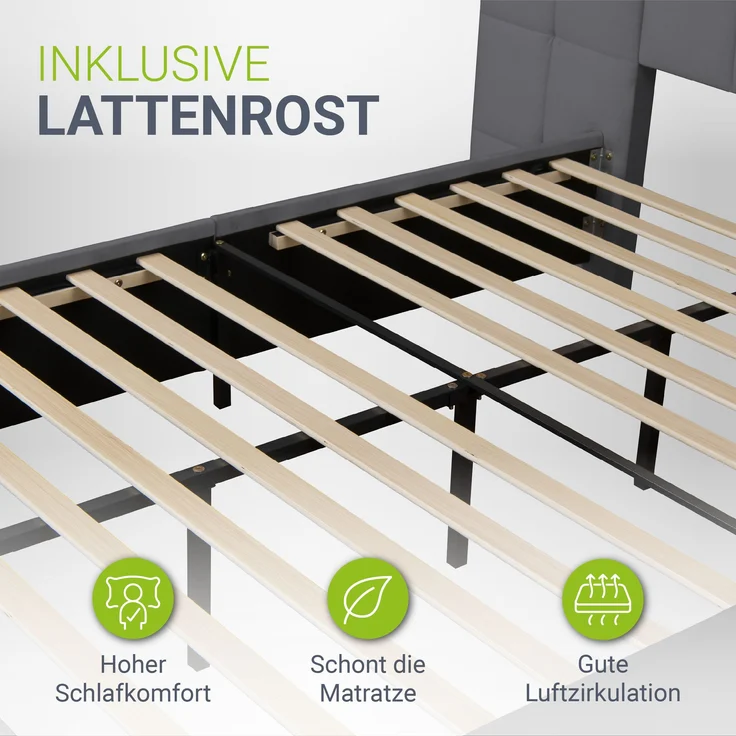 Juskys Polsterbett 140x200 cm Luzano - Bett mit LED, Lattenrost & Kopfteil - Modernes Bettgestell aus Holz & Samt - Doppelbett, Samtbett - Dunkelgrau – Bild 3