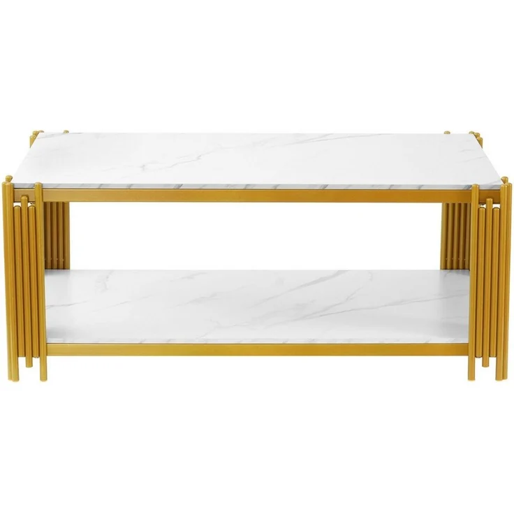 Fine Life Pro Couchtisch Rechteckiger Couchtisch, Marmoroptik-Platte, Metallbeine, weiß-gold, H46xB114xT64 cm, modernes Wohnzimmermöbel, elegantes Design – Bild 3